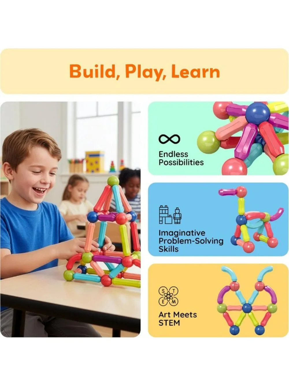 Colorful 100-Piece Magnetic Building Blocks Set with Storage Bin | STEM